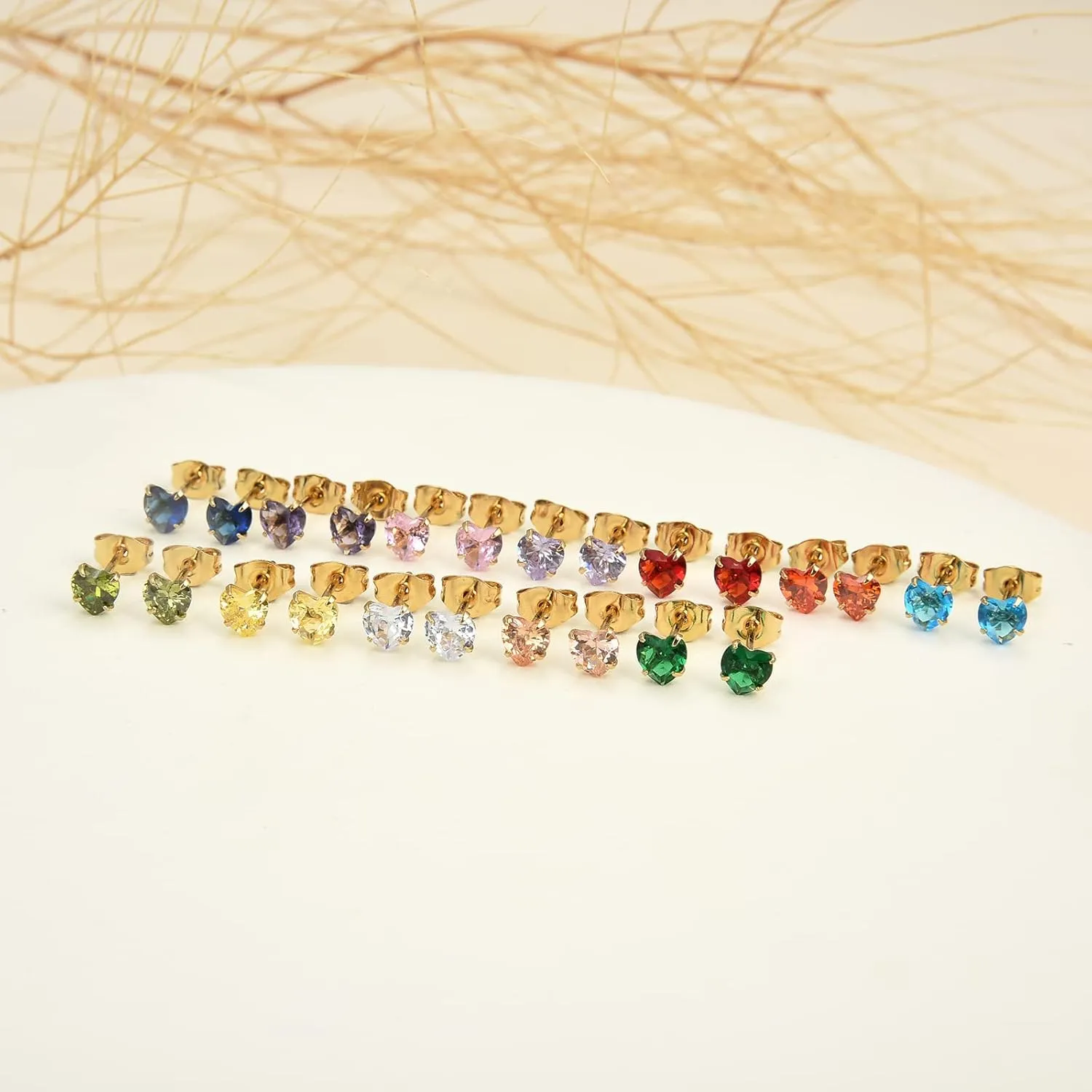 12 Pairs 18K Gold Plated Surgical Stainless Steel Stud Earrings, Star Heart Square Stud Earring for Women, Cubic Zirconia Birthstone Stud Earrings Set
