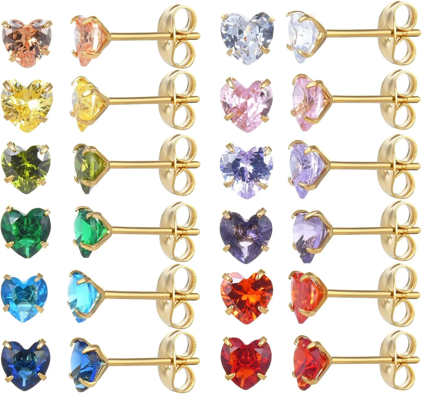 12 Pairs 18K Gold Plated Surgical Stainless Steel Stud Earrings, Star Heart Square Stud Earring for Women, Cubic Zirconia Birthstone Stud Earrings Set