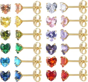 12 Pairs 18K Gold Plated Surgical Stainless Steel Stud Earrings, Star Heart Square Stud Earring for Women, Cubic Zirconia Birthstone Stud Earrings Set