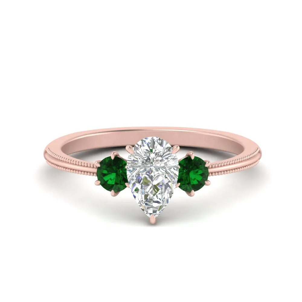 14K Gold Pear & Round Cut Diamond 3 Stone Engagement Ring