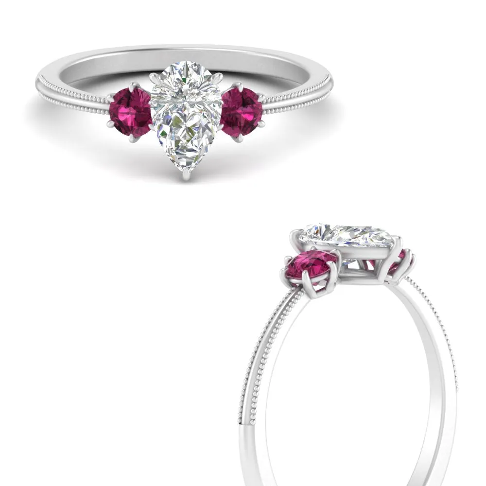 14K Gold Pear & Round Cut Diamond 3 Stone Engagement Ring