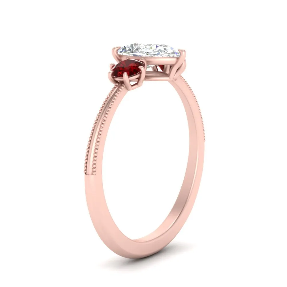 14K Gold Pear & Round Cut Diamond 3 Stone Engagement Ring