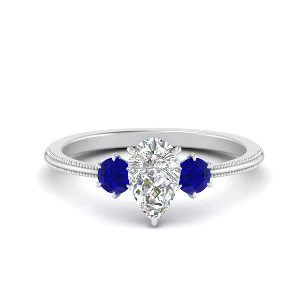 14K Gold Pear & Round Cut Diamond 3 Stone Engagement Ring
