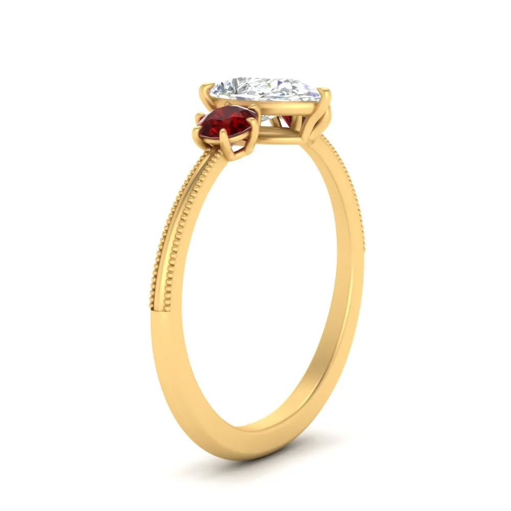 14K Gold Pear & Round Cut Diamond 3 Stone Engagement Ring