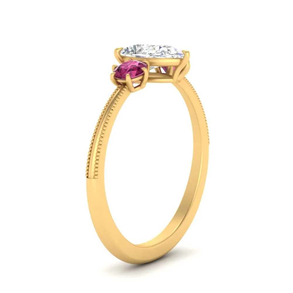 14K Gold Pear & Round Cut Diamond 3 Stone Engagement Ring