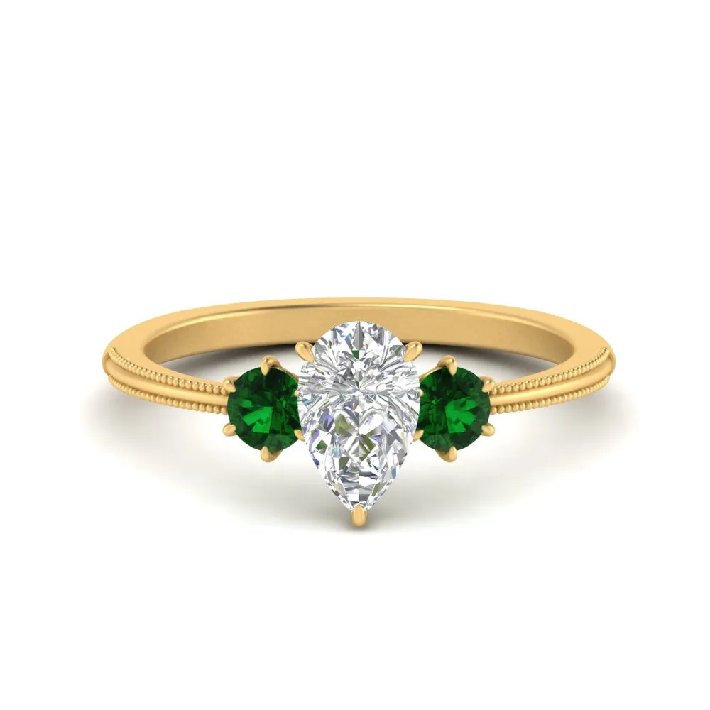 14K Gold Pear & Round Cut Diamond 3 Stone Engagement Ring
