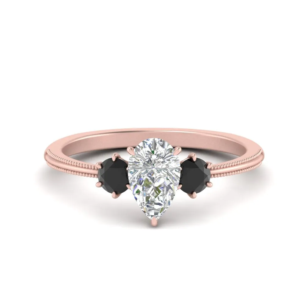 14K Gold Pear & Round Cut Diamond 3 Stone Engagement Ring