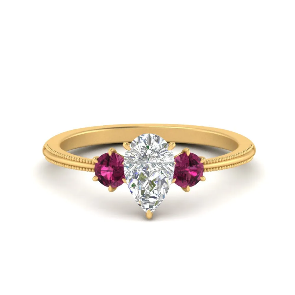 14K Gold Pear & Round Cut Diamond 3 Stone Engagement Ring