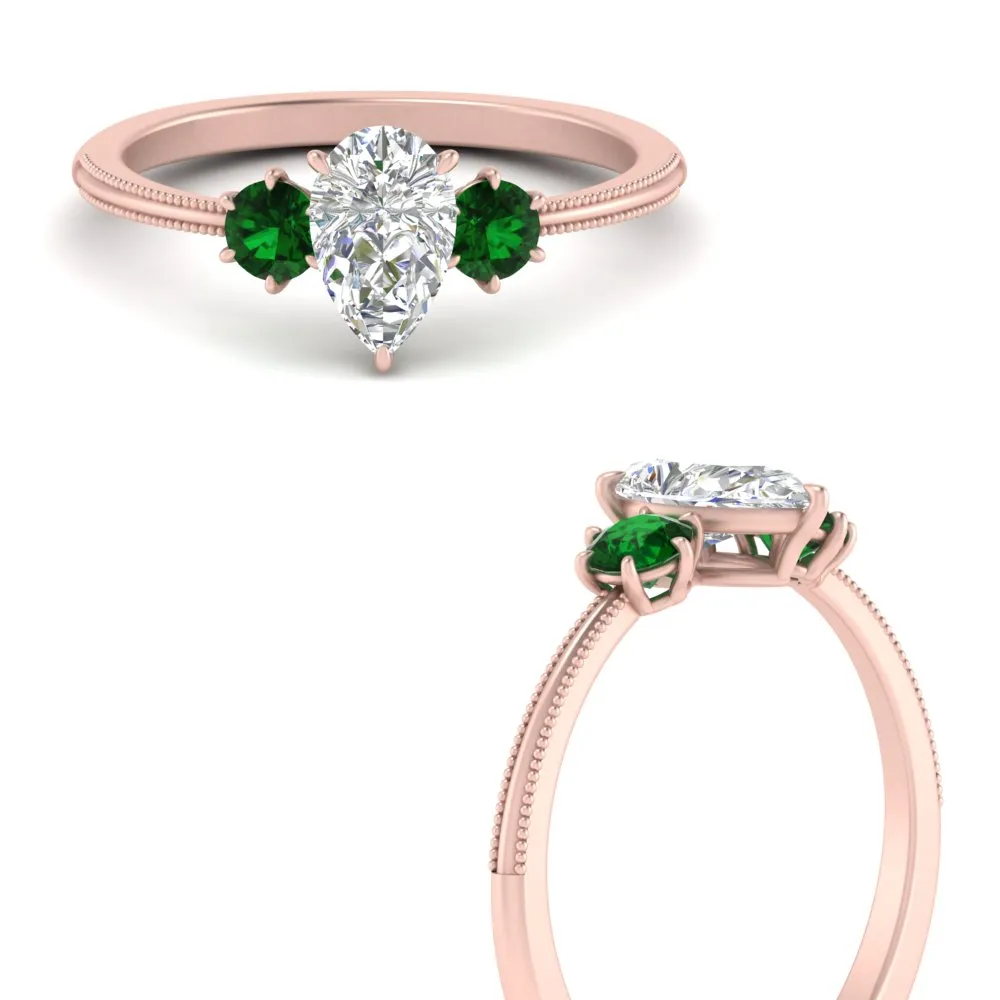 14K Gold Pear & Round Cut Diamond 3 Stone Engagement Ring