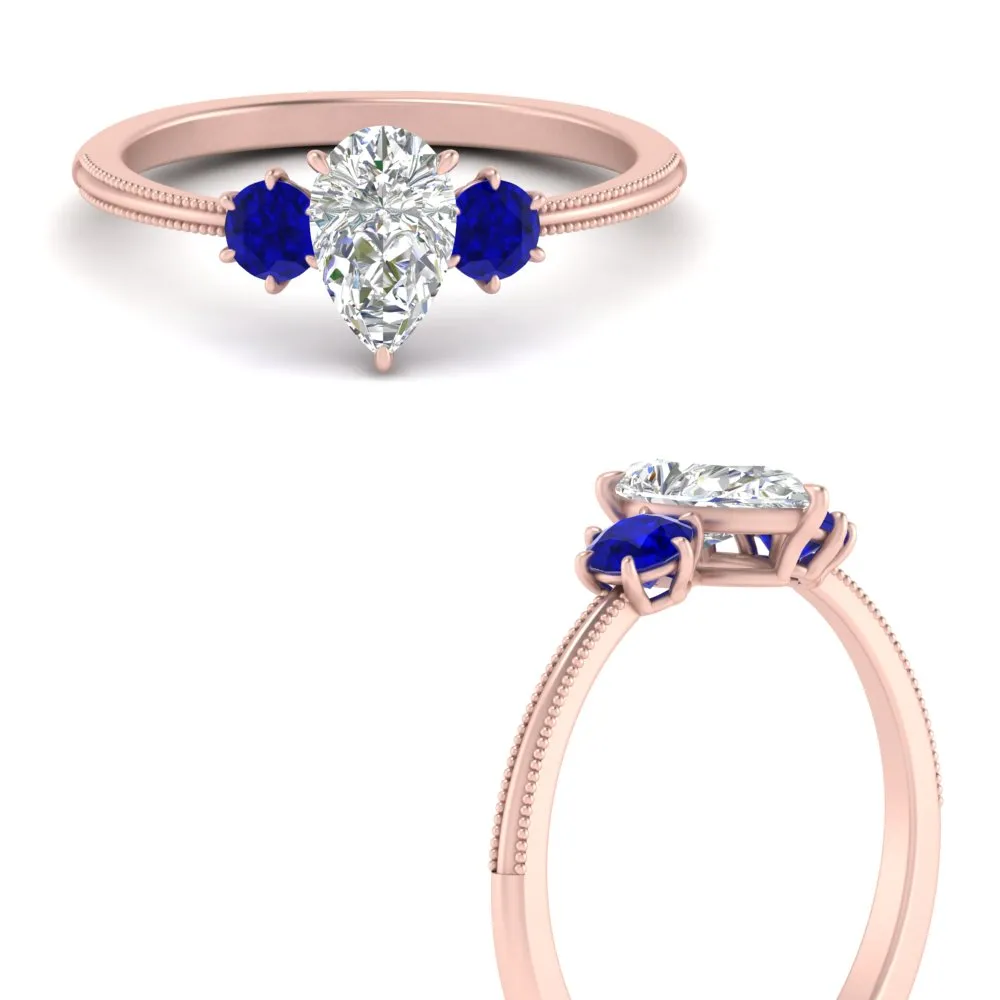 14K Gold Pear & Round Cut Diamond 3 Stone Engagement Ring