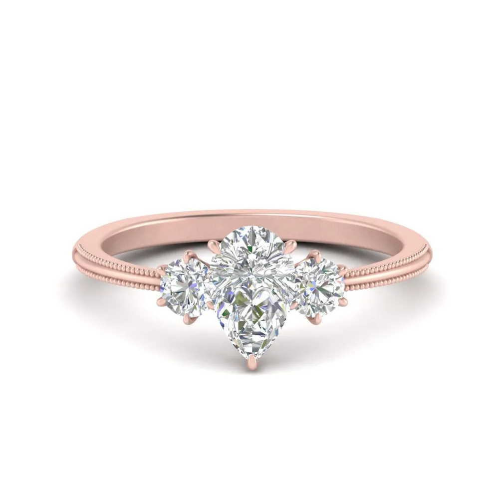 14K Gold Pear & Round Cut Diamond 3 Stone Engagement Ring