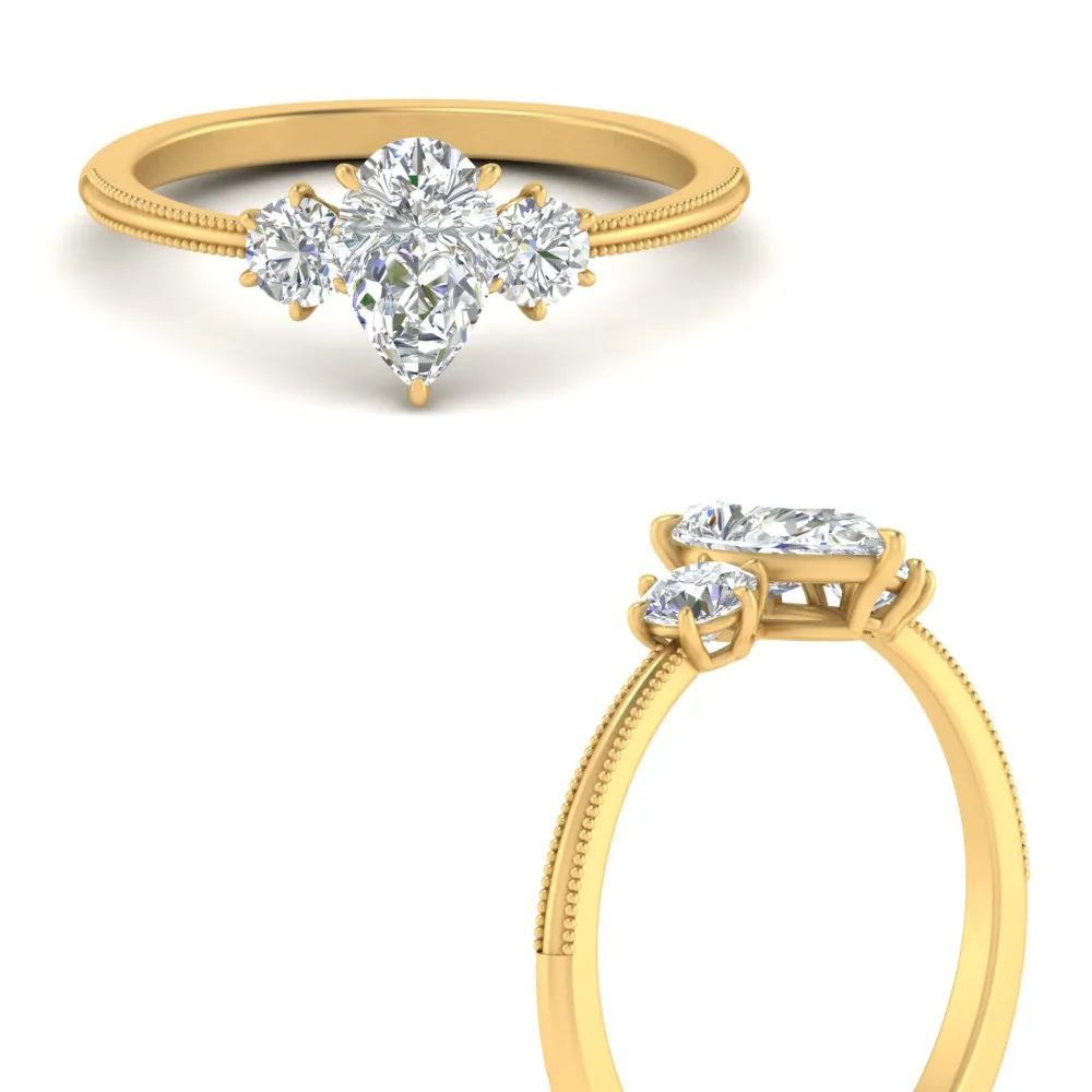 14K Gold Pear & Round Cut Diamond 3 Stone Engagement Ring