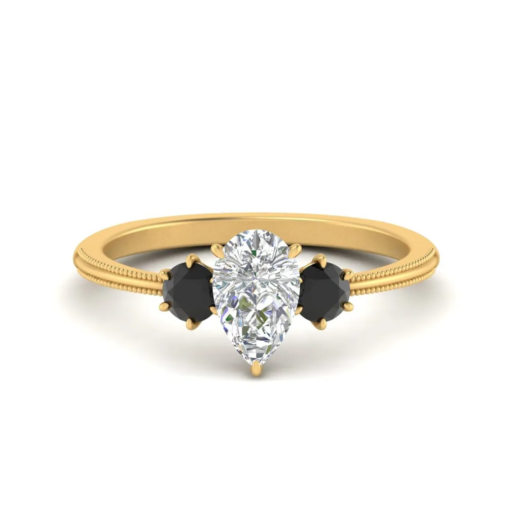 14K Gold Pear & Round Cut Diamond 3 Stone Engagement Ring