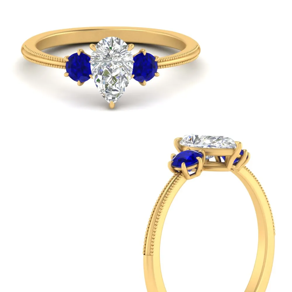 14K Gold Pear & Round Cut Diamond 3 Stone Engagement Ring