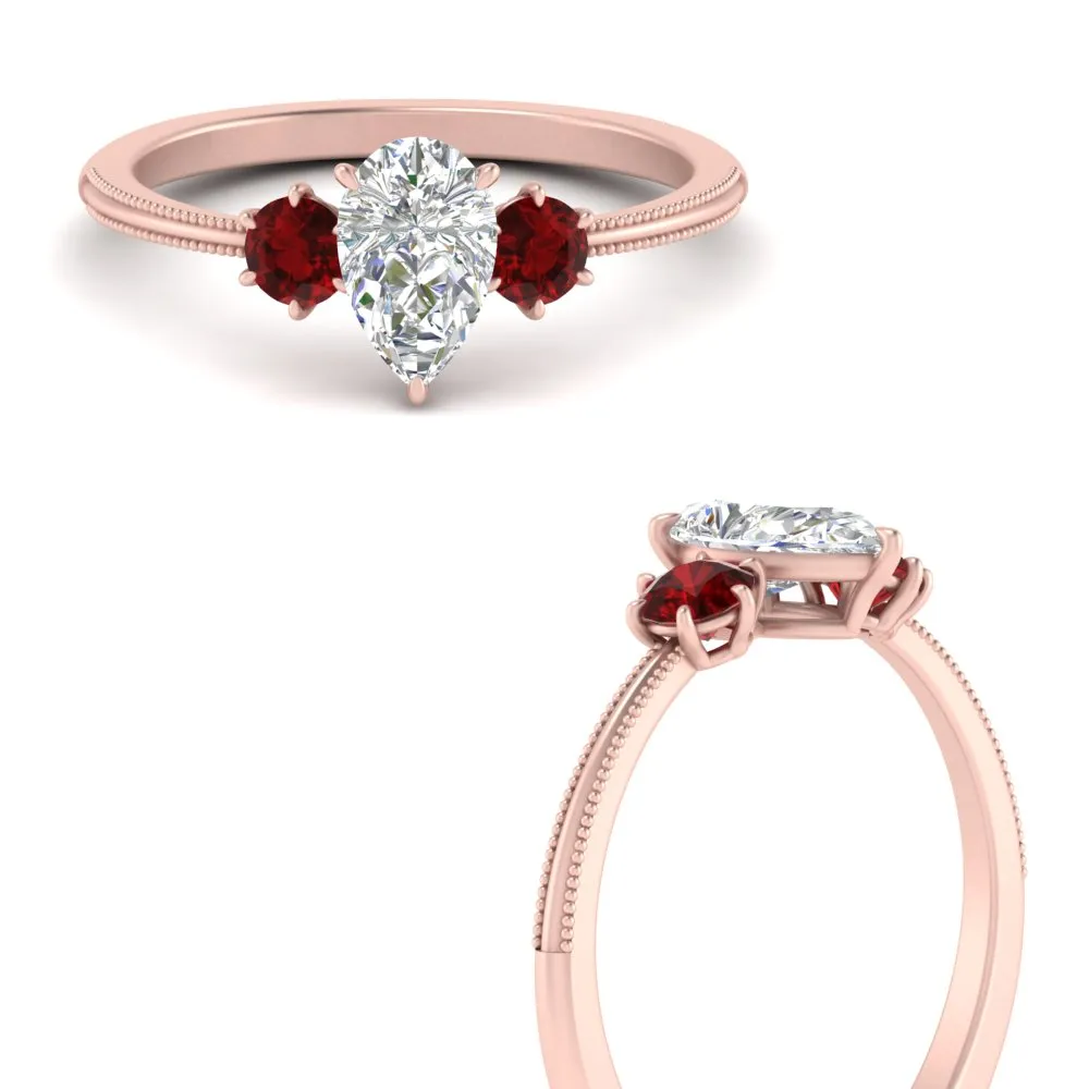 14K Gold Pear & Round Cut Diamond 3 Stone Engagement Ring