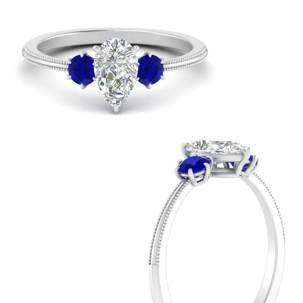 14K Gold Pear & Round Cut Diamond 3 Stone Engagement Ring