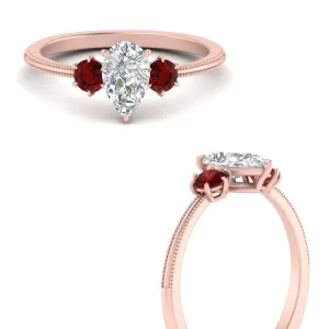 14K Gold Pear & Round Cut Diamond 3 Stone Engagement Ring