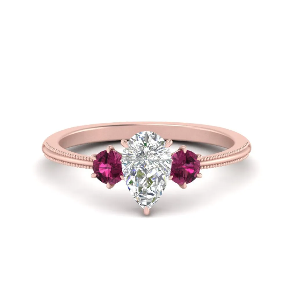 14K Gold Pear & Round Cut Diamond 3 Stone Engagement Ring