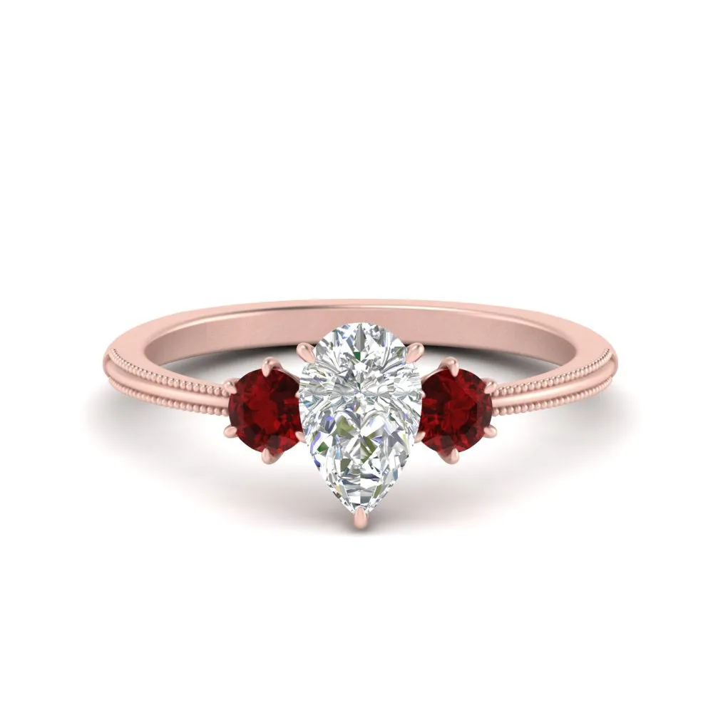14K Gold Pear & Round Cut Diamond 3 Stone Engagement Ring