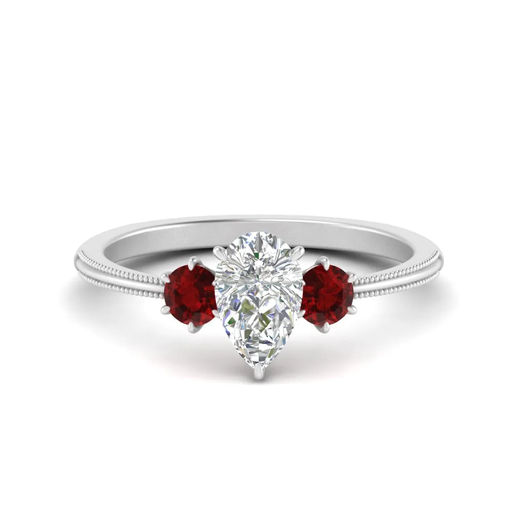 14K Gold Pear & Round Cut Diamond 3 Stone Engagement Ring