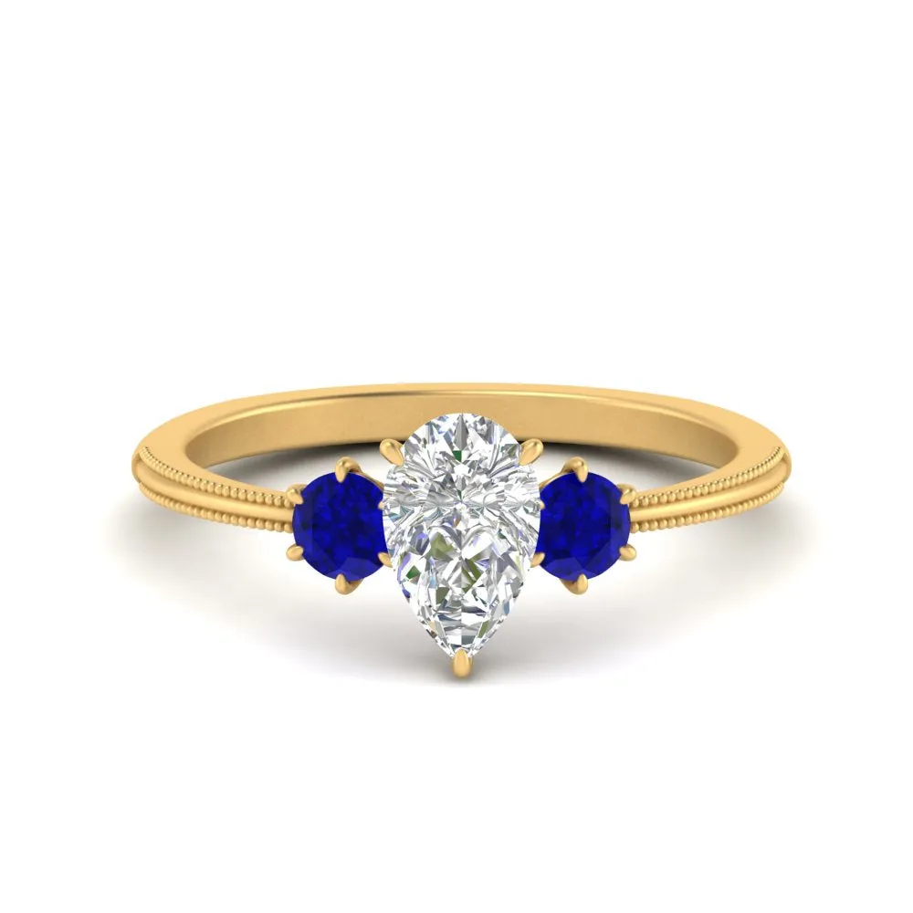 14K Gold Pear & Round Cut Diamond 3 Stone Engagement Ring