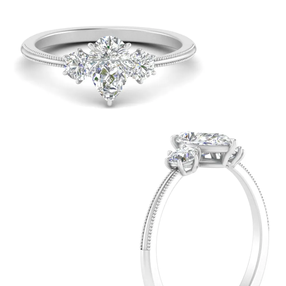 14K Gold Pear & Round Cut Diamond 3 Stone Engagement Ring