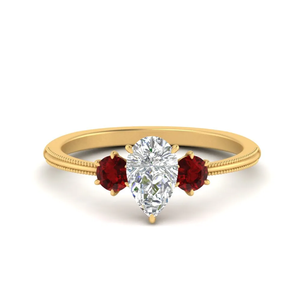14K Gold Pear & Round Cut Diamond 3 Stone Engagement Ring