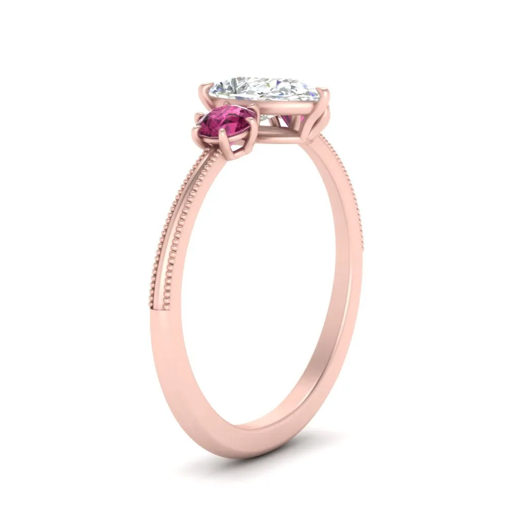 14K Gold Pear & Round Cut Diamond 3 Stone Engagement Ring