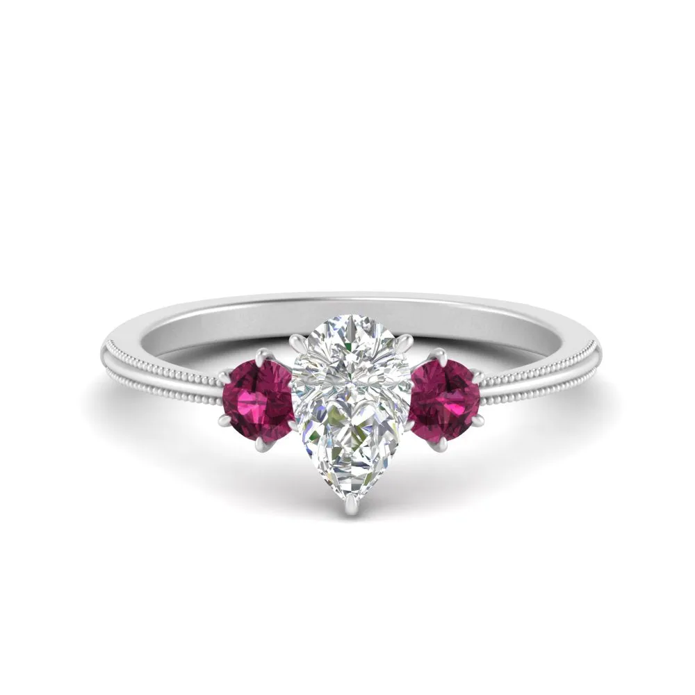 14K Gold Pear & Round Cut Diamond 3 Stone Engagement Ring