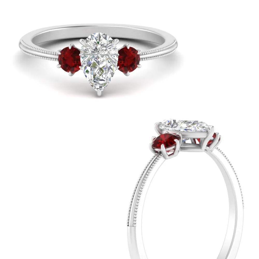 14K Gold Pear & Round Cut Diamond 3 Stone Engagement Ring