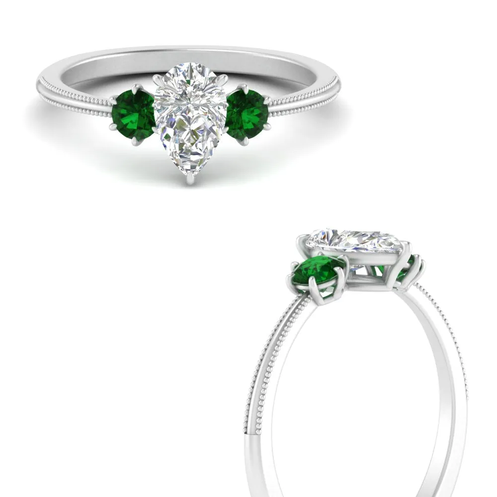 14K Gold Pear & Round Cut Diamond 3 Stone Engagement Ring