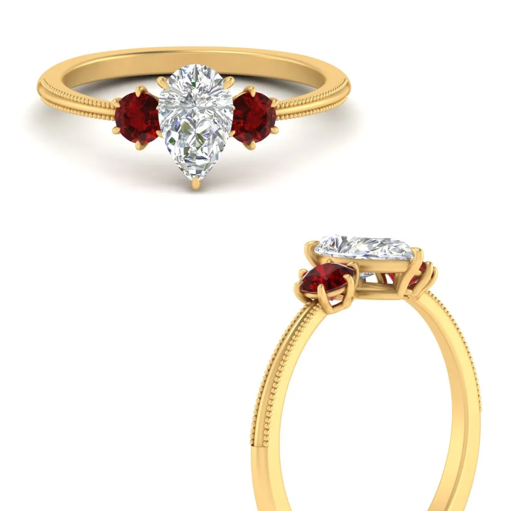 14K Gold Pear & Round Cut Diamond 3 Stone Engagement Ring