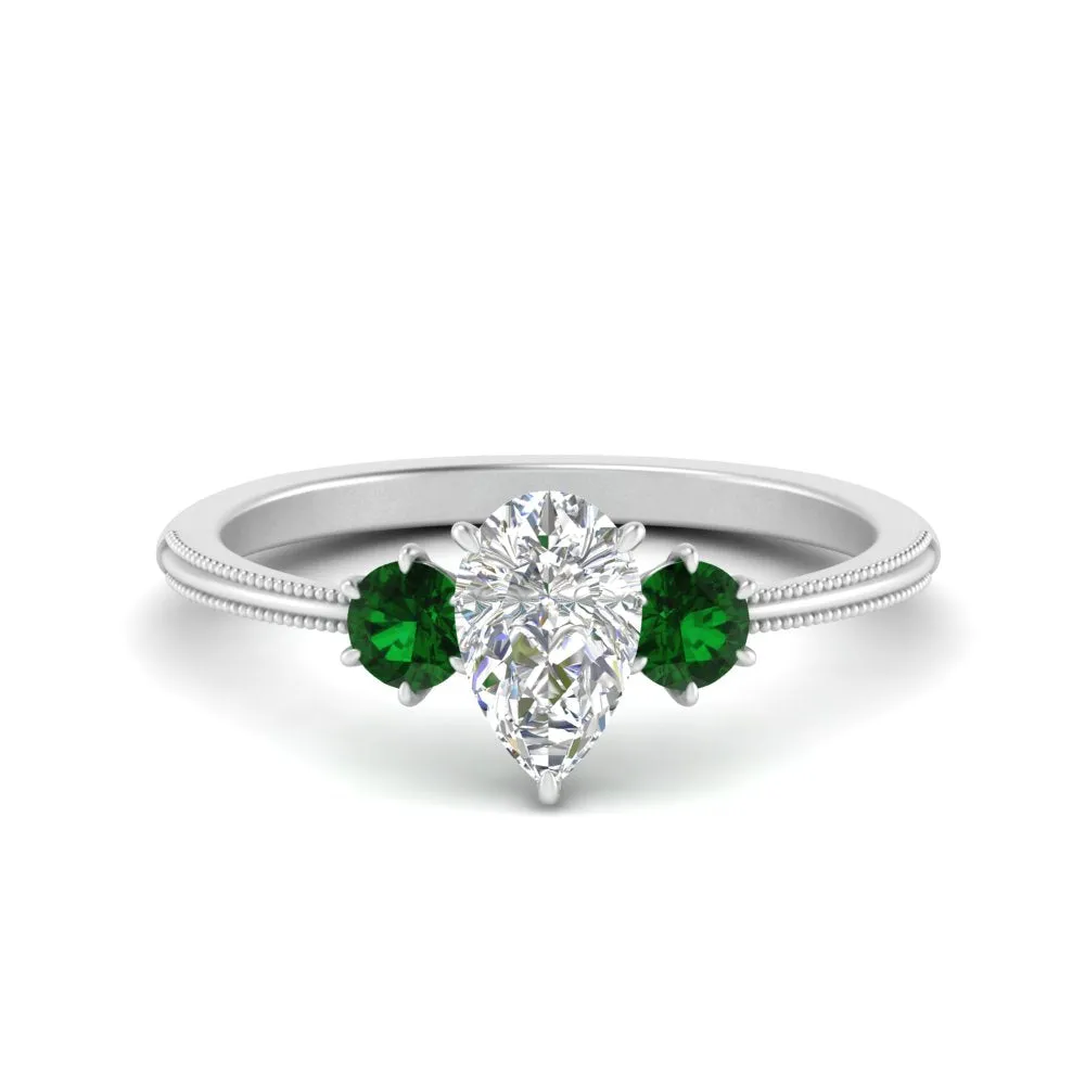 14K Gold Pear & Round Cut Diamond 3 Stone Engagement Ring