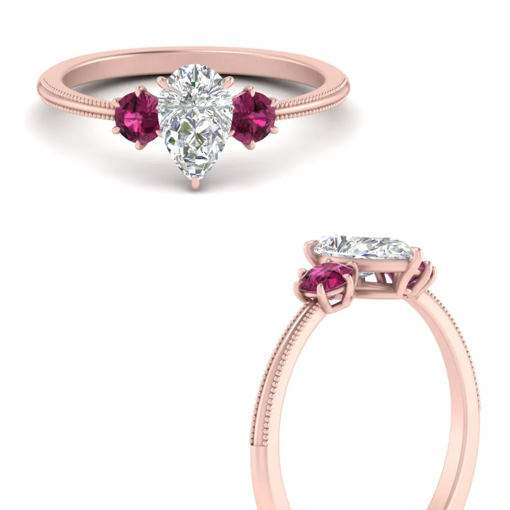 14K Gold Pear & Round Cut Diamond 3 Stone Engagement Ring