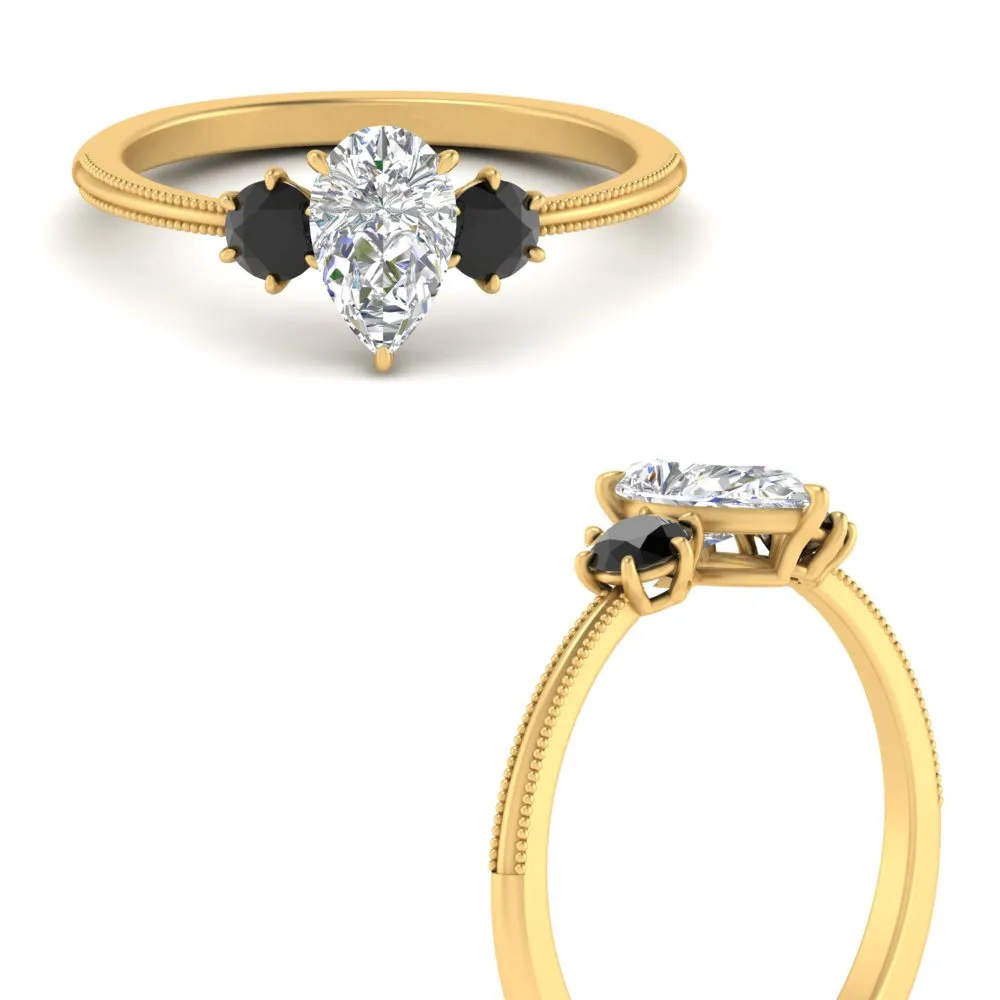 14K Gold Pear & Round Cut Diamond 3 Stone Engagement Ring