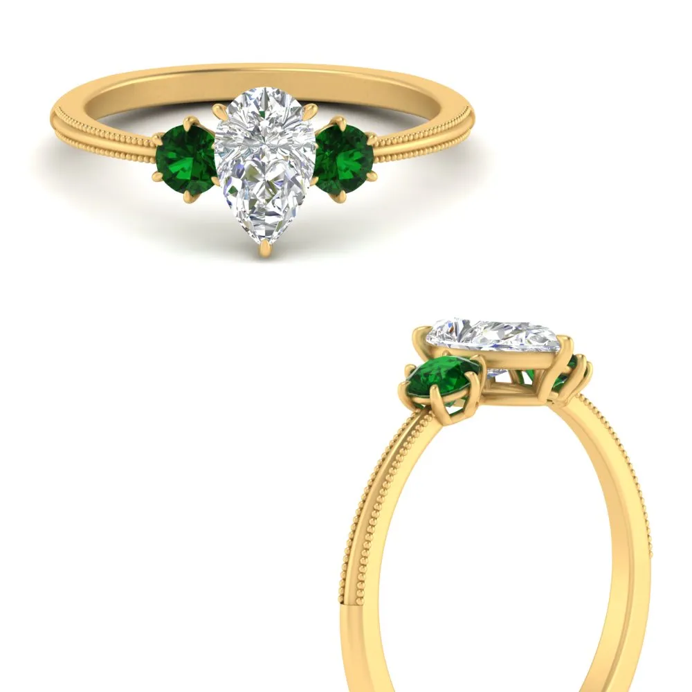 14K Gold Pear & Round Cut Diamond 3 Stone Engagement Ring