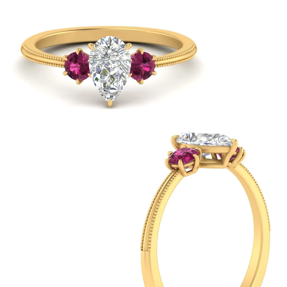 14K Gold Pear & Round Cut Diamond 3 Stone Engagement Ring