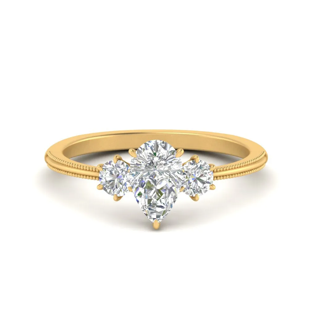 14K Gold Pear & Round Cut Diamond 3 Stone Engagement Ring