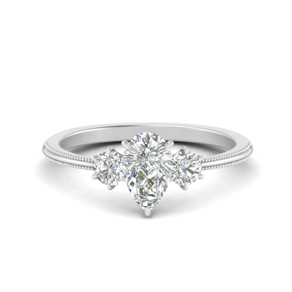 14K Gold Pear & Round Cut Diamond 3 Stone Engagement Ring