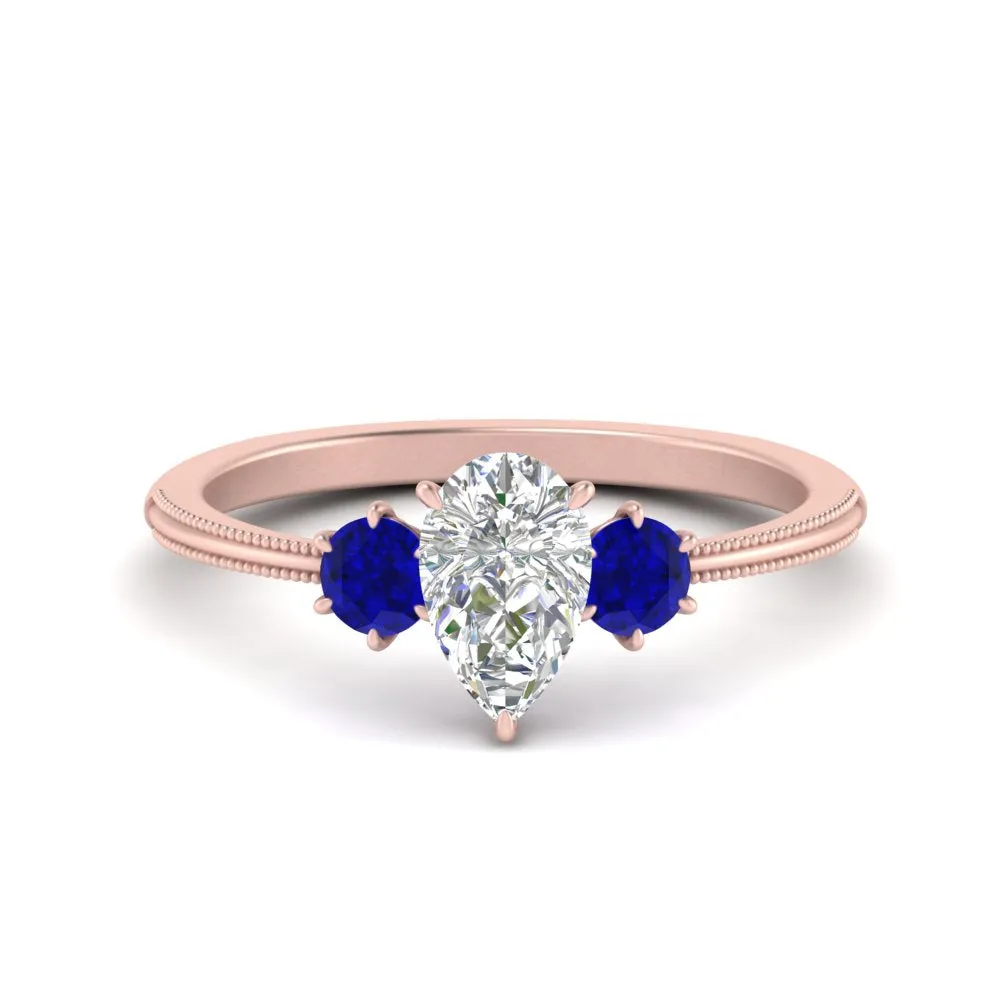 14K Gold Pear & Round Cut Diamond 3 Stone Engagement Ring