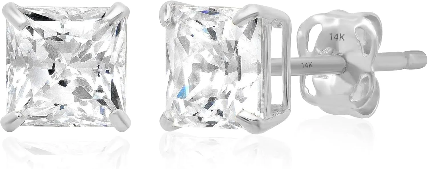 14K Gold Princess Cut CZ Stud Earrings for Women & Men | Cubic Zirconia Earrings Studs | 4MM-7MM CZ Gold Earrings by MAX   STONE