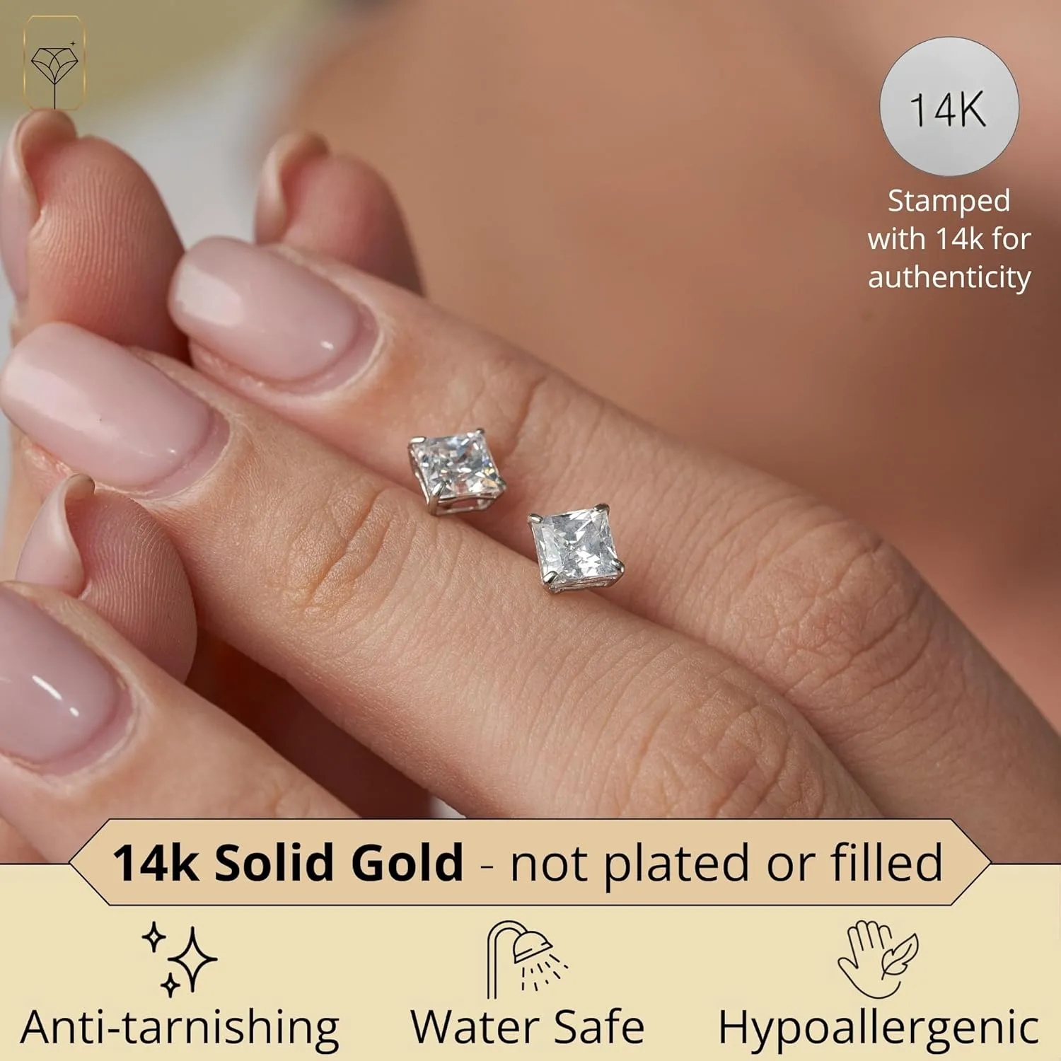 14K Gold Princess Cut CZ Stud Earrings for Women & Men | Cubic Zirconia Earrings Studs | 4MM-7MM CZ Gold Earrings by MAX   STONE
