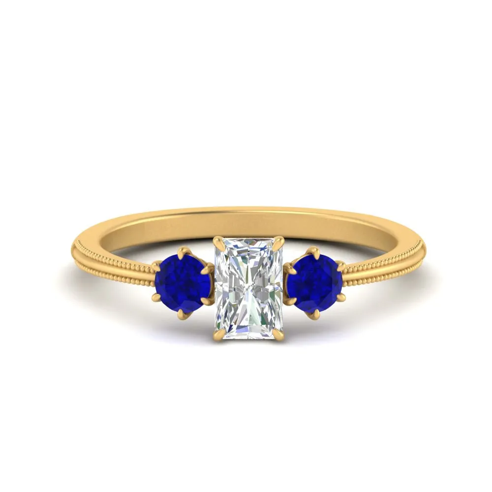 14K Gold Radiant & Round Cut Diamond 3 Stone Engagement Ring