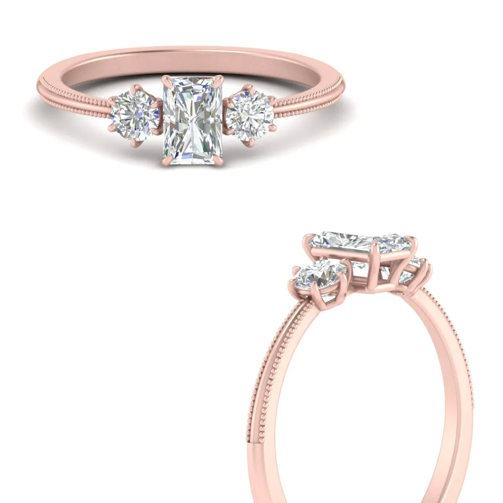 14K Gold Radiant & Round Cut Diamond 3 Stone Engagement Ring