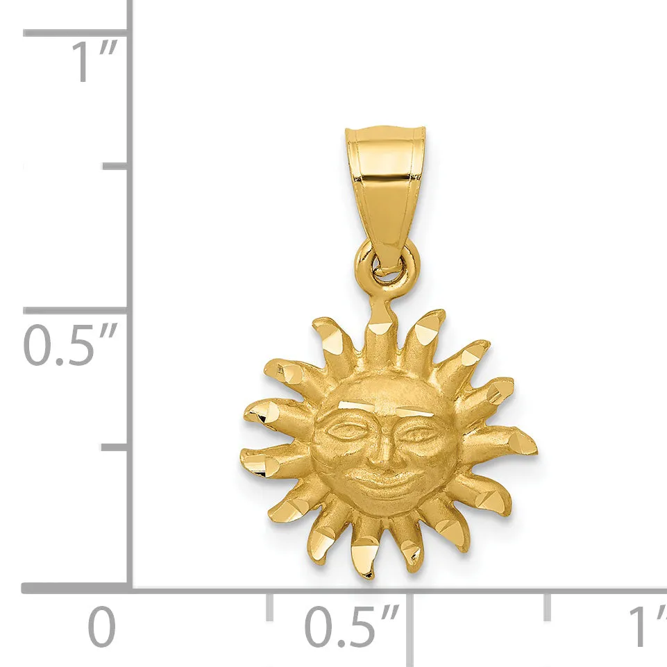 14K Gold Satin Diamond-Cut Sun Pendant with Brushed Finish  Elegant and Unique