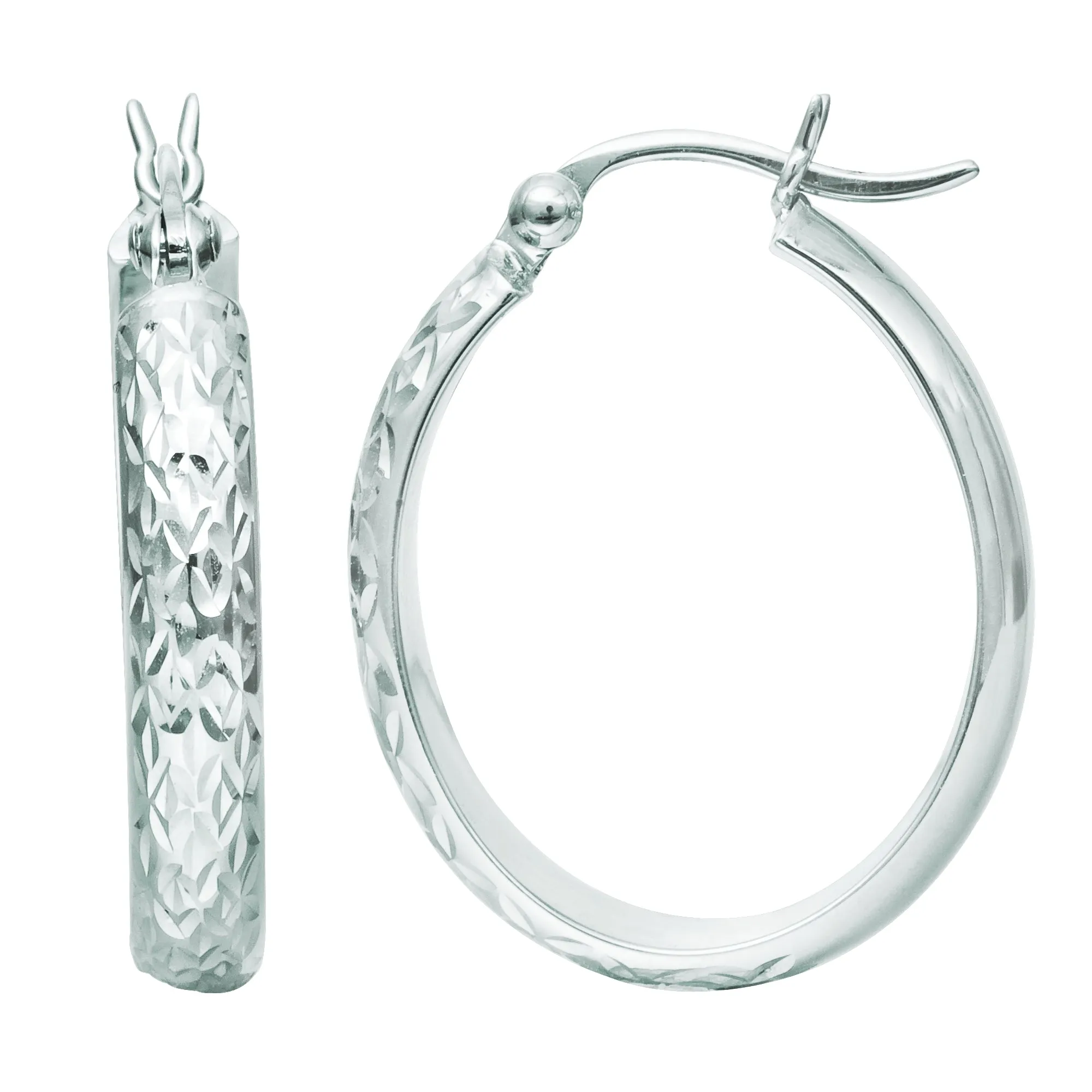 14K White Gold Hammered Polished  Oval Hoop Earrings