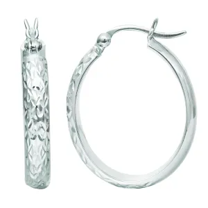 14K White Gold Hammered Polished  Oval Hoop Earrings