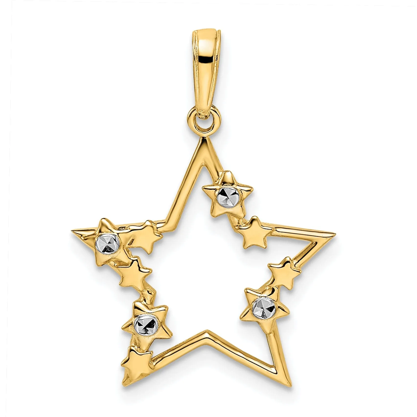 14k Yellow Gold & White Rhodium Open Back Solid Diamond Cut Polished Finish Women's Star Shape with little Stars Design Charm Pendant