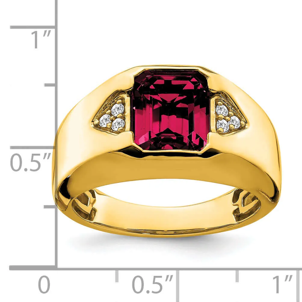 14k Yellow Gold Emerald-cut Created Ruby and Diamond Men's Ring.