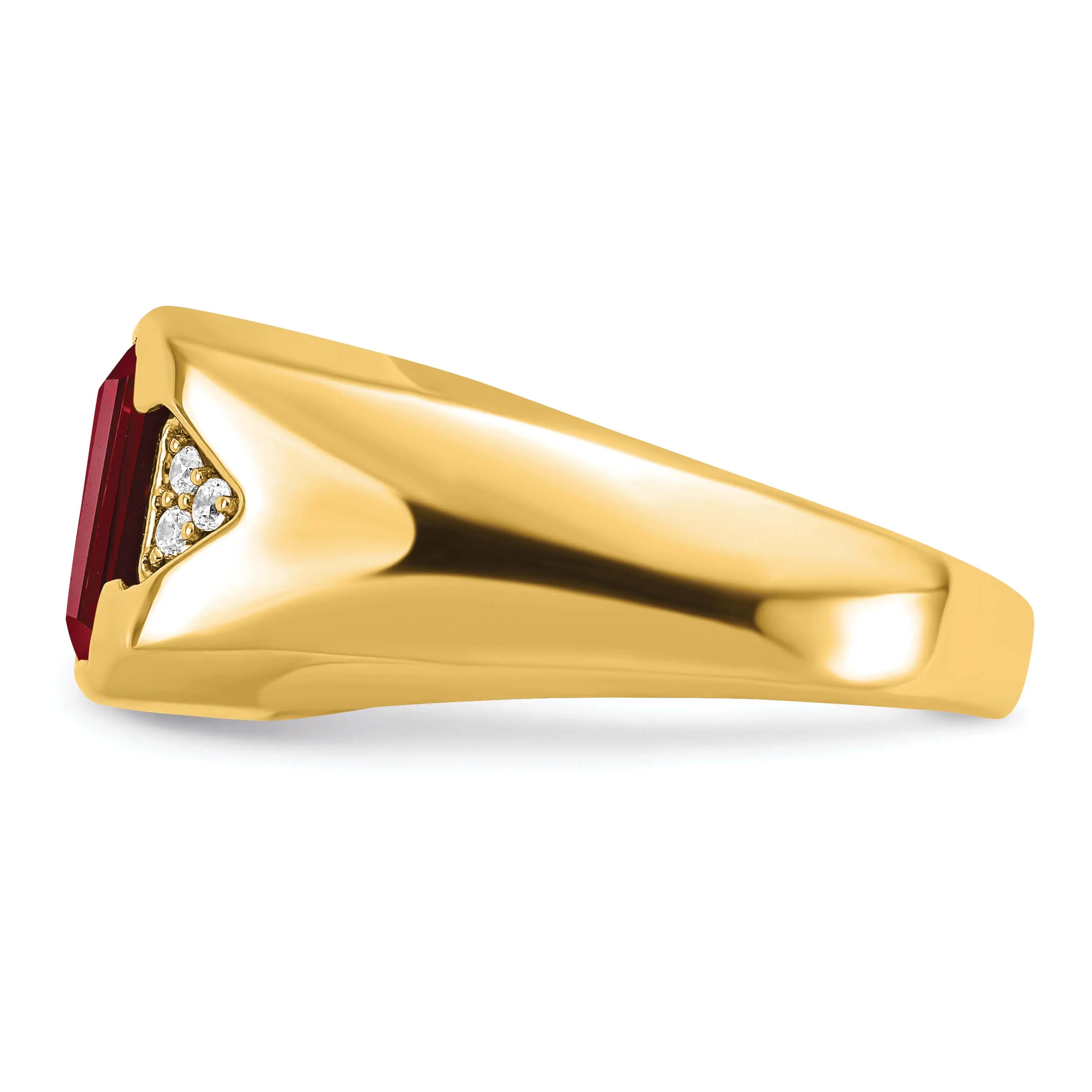14k Yellow Gold Emerald-cut Created Ruby and Diamond Men's Ring.